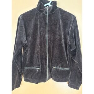 Abraxas Womens Brown Black Waffle Knit Corduroy Full Zip Jacket Mock Neck Small